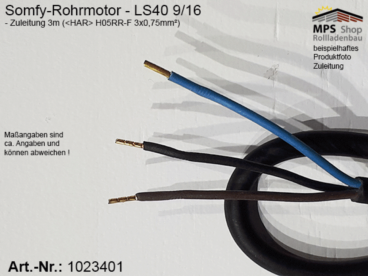 1023401 - SET - Rohrmotor LS40 9/16 (SW40x0,8mm), 9Nm / 16rpm, Motorlager, Anschlusskabel 3m offene Enden