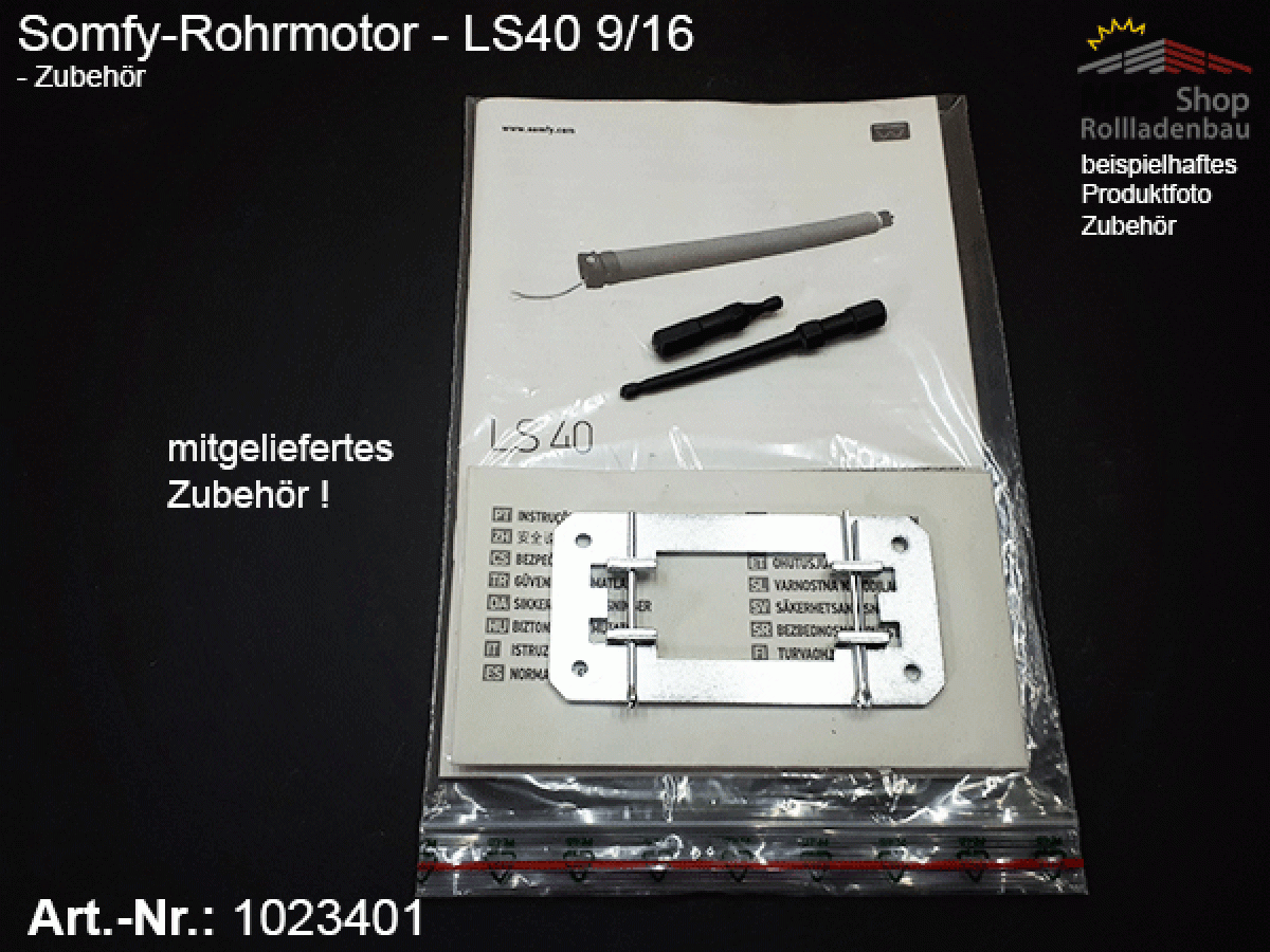 1023401 - SET - Rohrmotor LS40 9/16 (SW40x0,8mm), 9Nm / 16rpm, Motorlager, Anschlusskabel 3m offene Enden