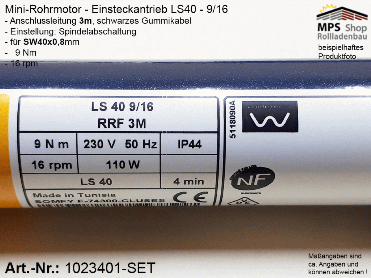 1023401 - SET - Rohrmotor LS40 9/16 (SW40x0,8mm), 9Nm / 16rpm, Motorlager, Anschlusskabel 3m offene Enden