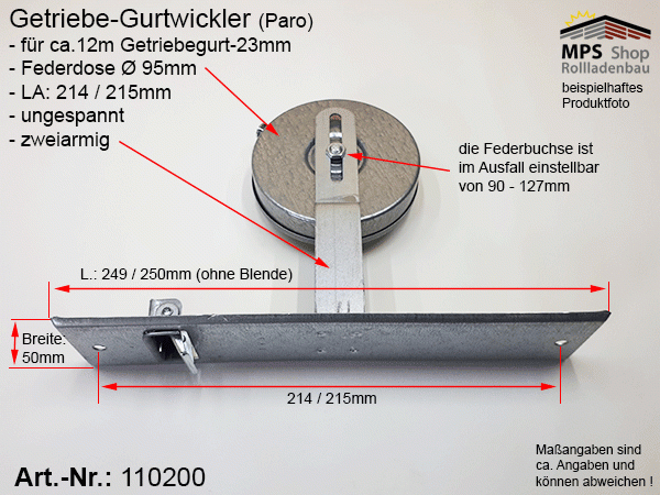 110200, Paro GETRIEBE-Gurtwickler LA: 215, für ca. 12m Getriebegurt 23mm, ohne PVC-Blende