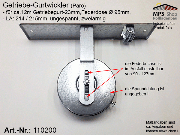 110200, Paro GETRIEBE-Gurtwickler LA: 215, für ca. 12m Getriebegurt 23mm, ohne PVC-Blende