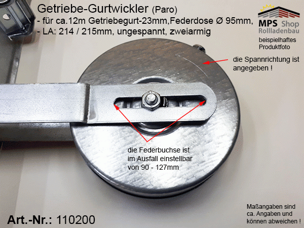 110200, Paro GETRIEBE-Gurtwickler LA: 215, für ca. 12m Getriebegurt 23mm, ohne PVC-Blende