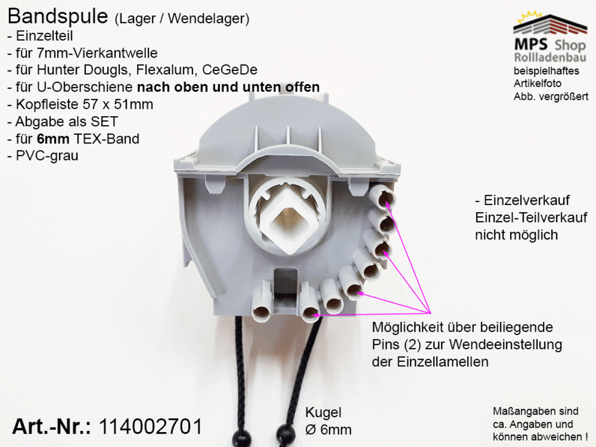 114002701, Bandspule, TEX 6mm, Welle 7mm-Vierkant (HD, Flexalum, CeGeDe)