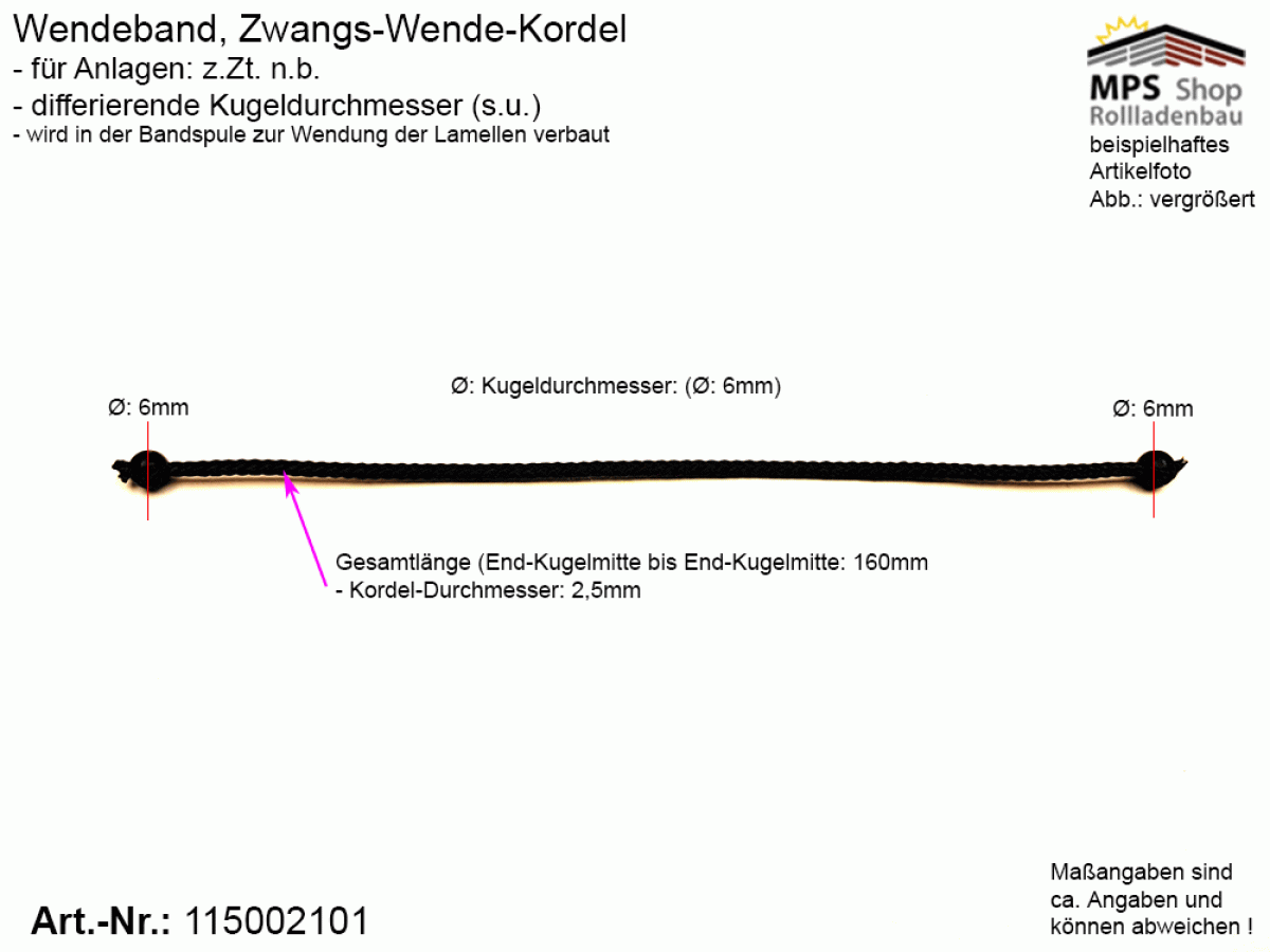 115002101, Wendeband, Zwangs-Wende-Kordel, Kugelkette - 160mm, 2 Kugeln