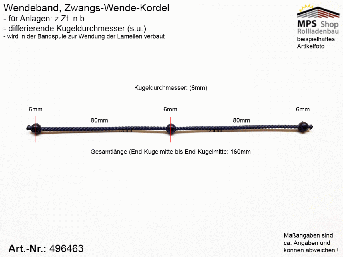 115002102, Wendeband, Zwangs-Wende-Kordel, Kugelkette - 160mm, 3 Kugeln