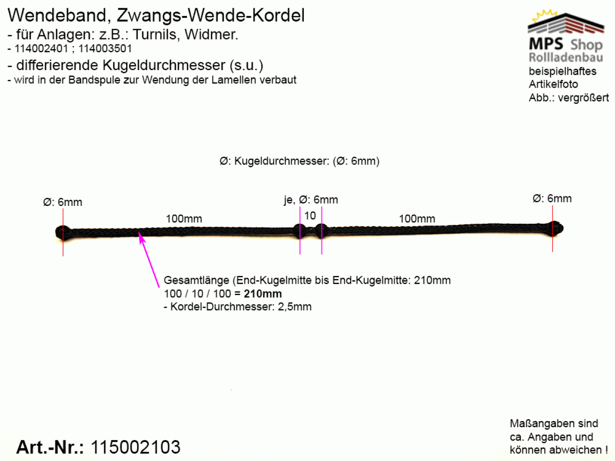 115002103, Wendeband, Zwangs-Wende-Kordel, Kugelkette - 210mm, 4 Kugeln