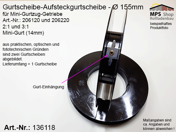 136118 Gurtscheibe 155mm, Mini-Gurtscheibe, Aufsteckgurtscheibe für Mini-Gurtzug-Getriebe