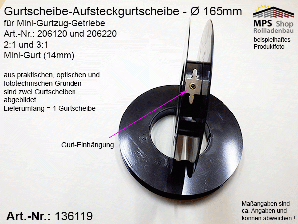 136119 Gurtscheibe 165mm, Mini-Gurtscheibe, Aufsteckgurtscheibe für Mini-Gurtzug-Getriebe