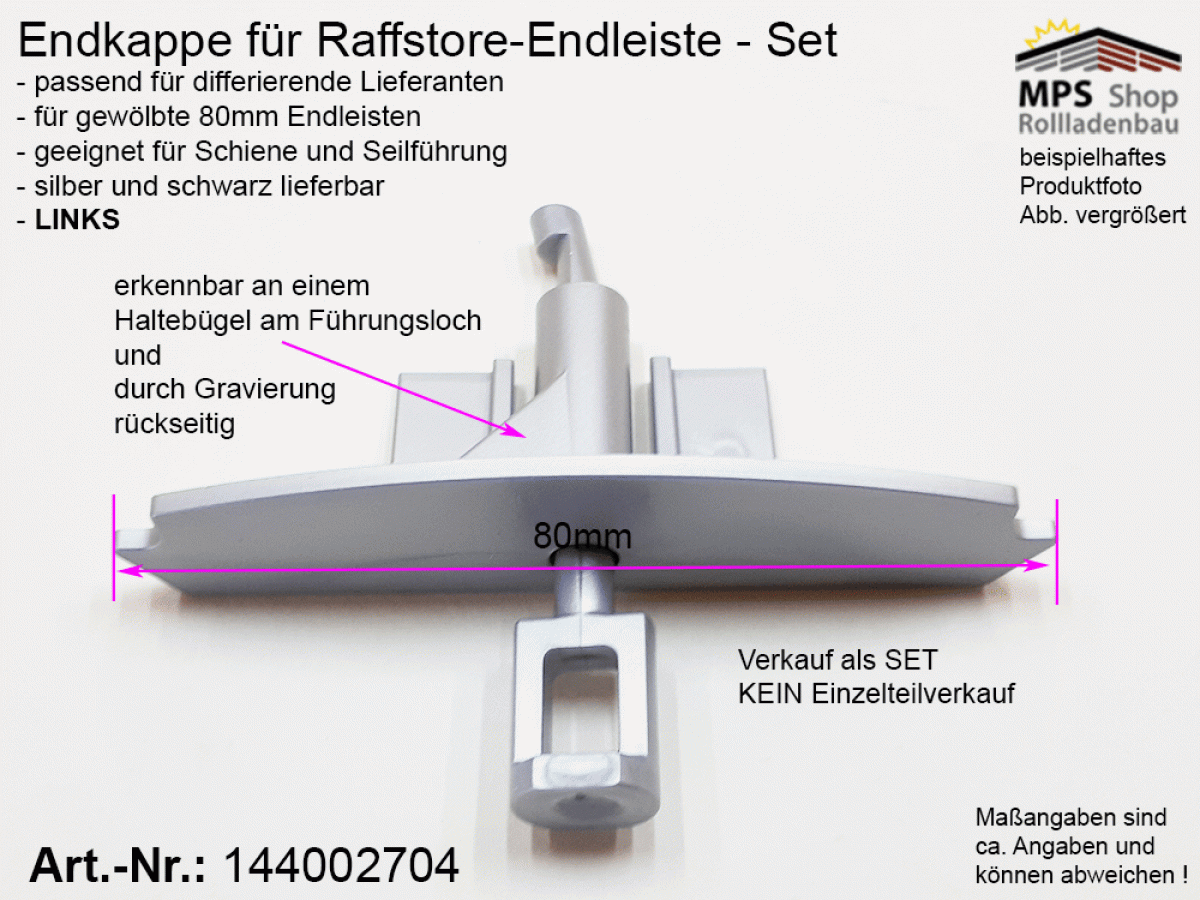 144002704, Endkappe, 80mm, PVC silber, links (mit Haltebügel)