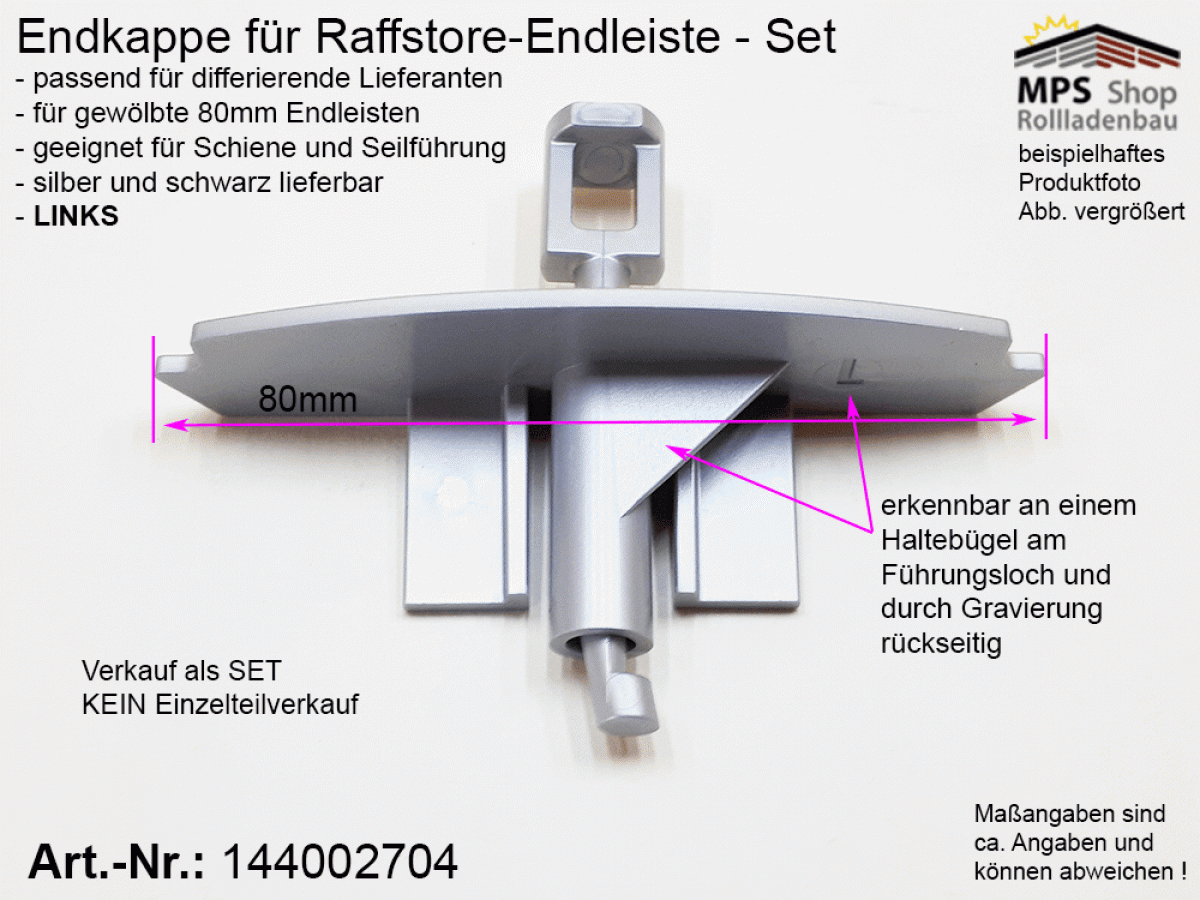 144002704, Endkappe, 80mm, PVC silber, links (mit Haltebügel)