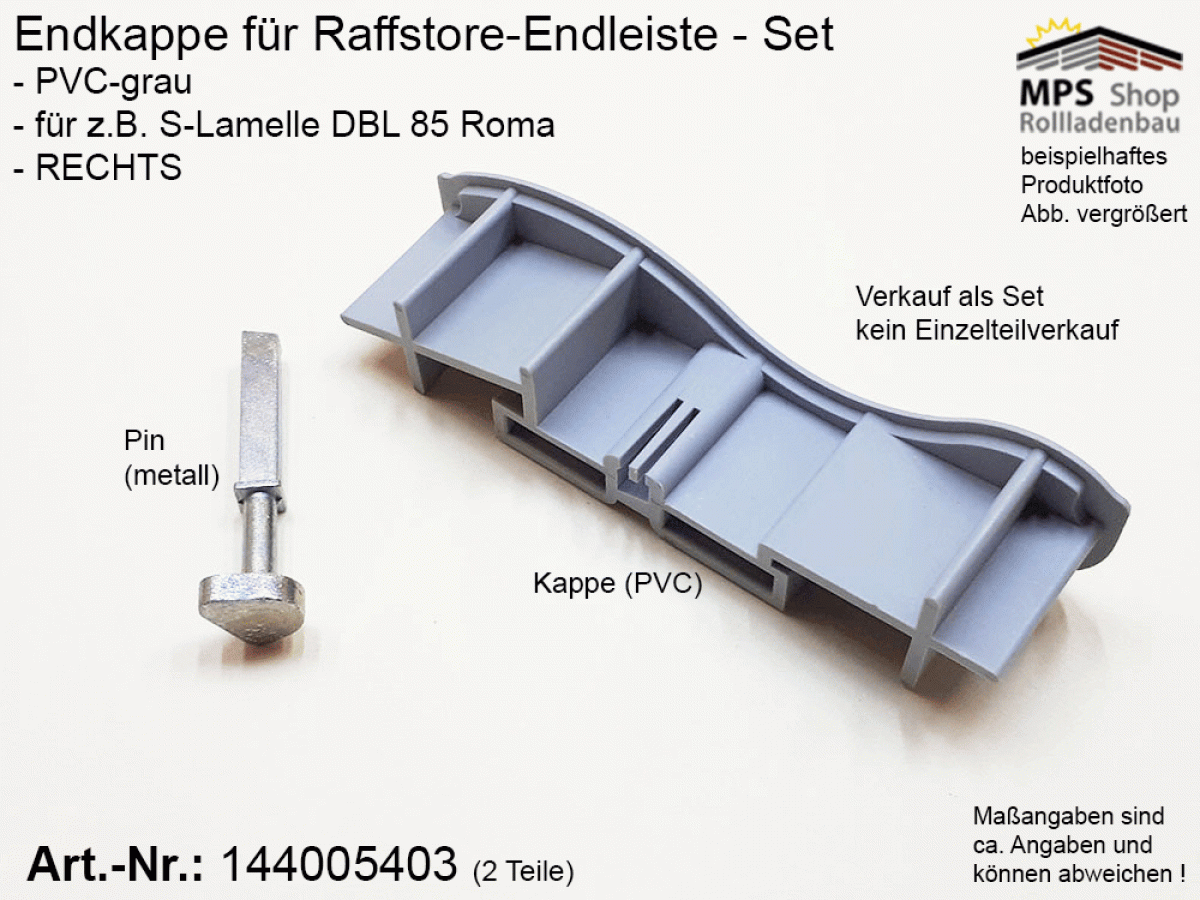 144005403, Endkappe S-Lamelle DBL 85mm - ROMA, PVC grau - RECHTS