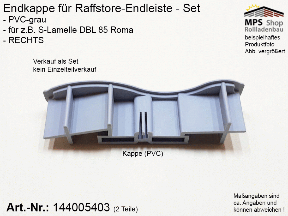 144005403, Endkappe S-Lamelle DBL 85mm - ROMA, PVC grau - RECHTS