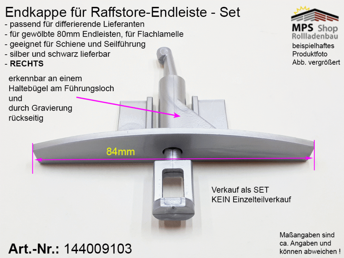 144009103, Endkappe, 80mm, PVC silber, rechts (mit Haltebügel) Flachlamelle