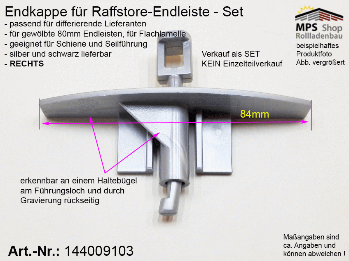 144009103, Endkappe, 80mm, PVC silber, rechts (mit Haltebügel) Flachlamelle