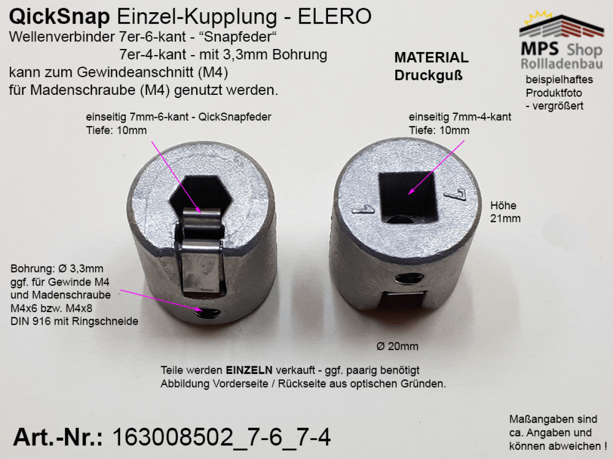 163008502_7-6_7-4, Kupplung innen 7-6-kant auf innen 7-4-kant ELERO