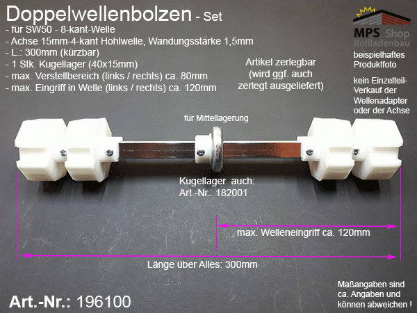 196100 Doppelwellenbolzen SW50-Set, 1 Kugellager 40x15mm