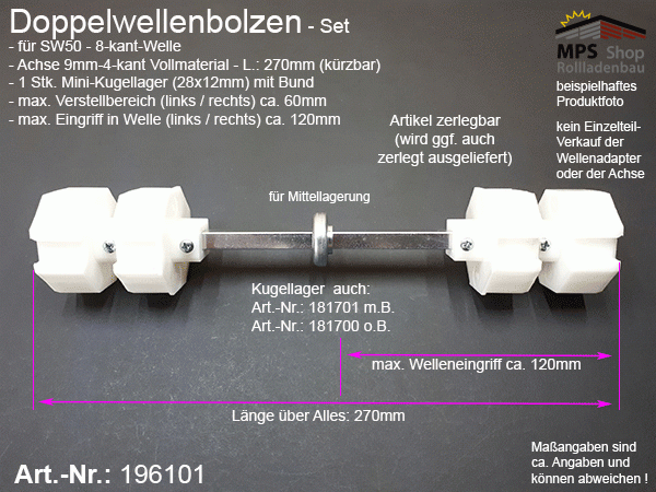 196101 Doppelwellenbolzen SW50-Set, 1 Mini-Kugellager 28x12mm