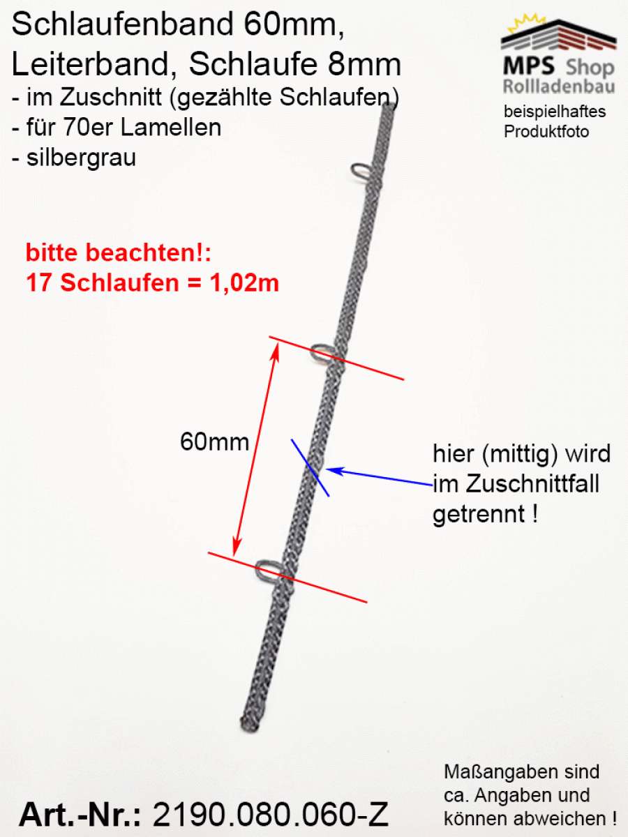 2190.080.060-Z silbergrau Schlaufenband Leiterband 60mm - ZUSCHNITT