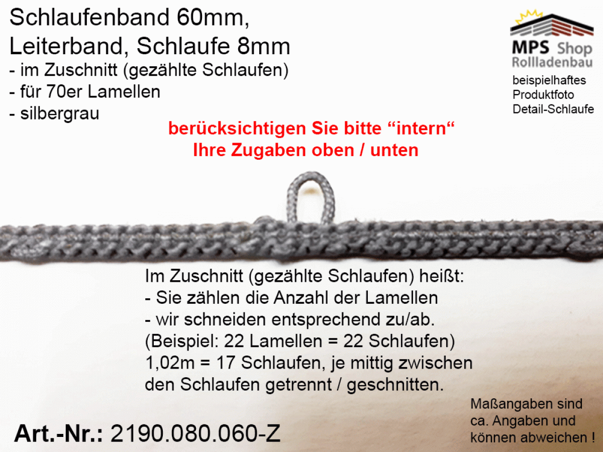 2190.080.060-Z silbergrau Schlaufenband Leiterband 60mm - ZUSCHNITT