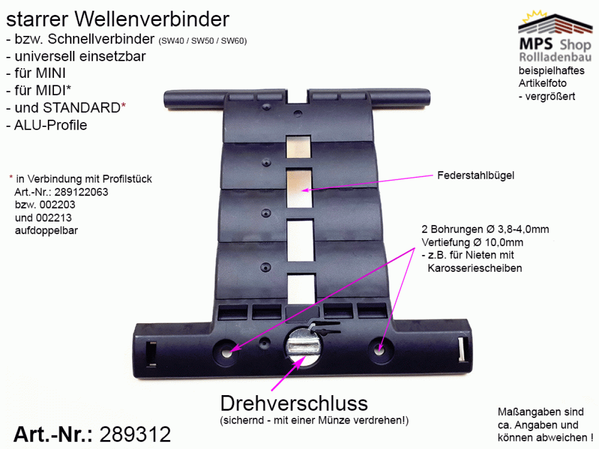 289312, starrer Wellenverbinder, MINI, MIDI, STANDARD Profile, SW40 - SW60, Selve, SecuFix, 3-gliedrig