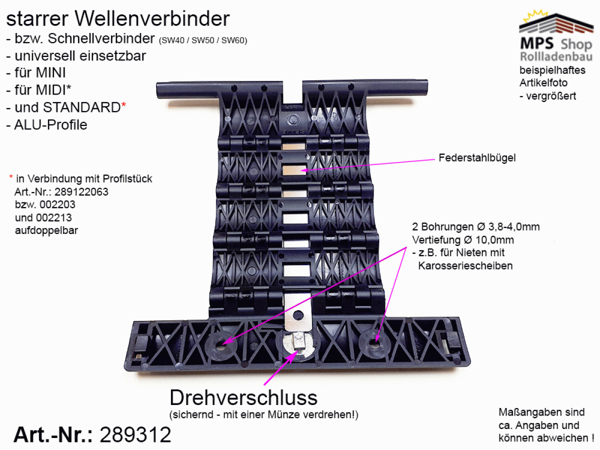 289312, starrer Wellenverbinder, MINI, MIDI, STANDARD Profile, SW40 - SW60, Selve, SecuFix, 3-gliedrig