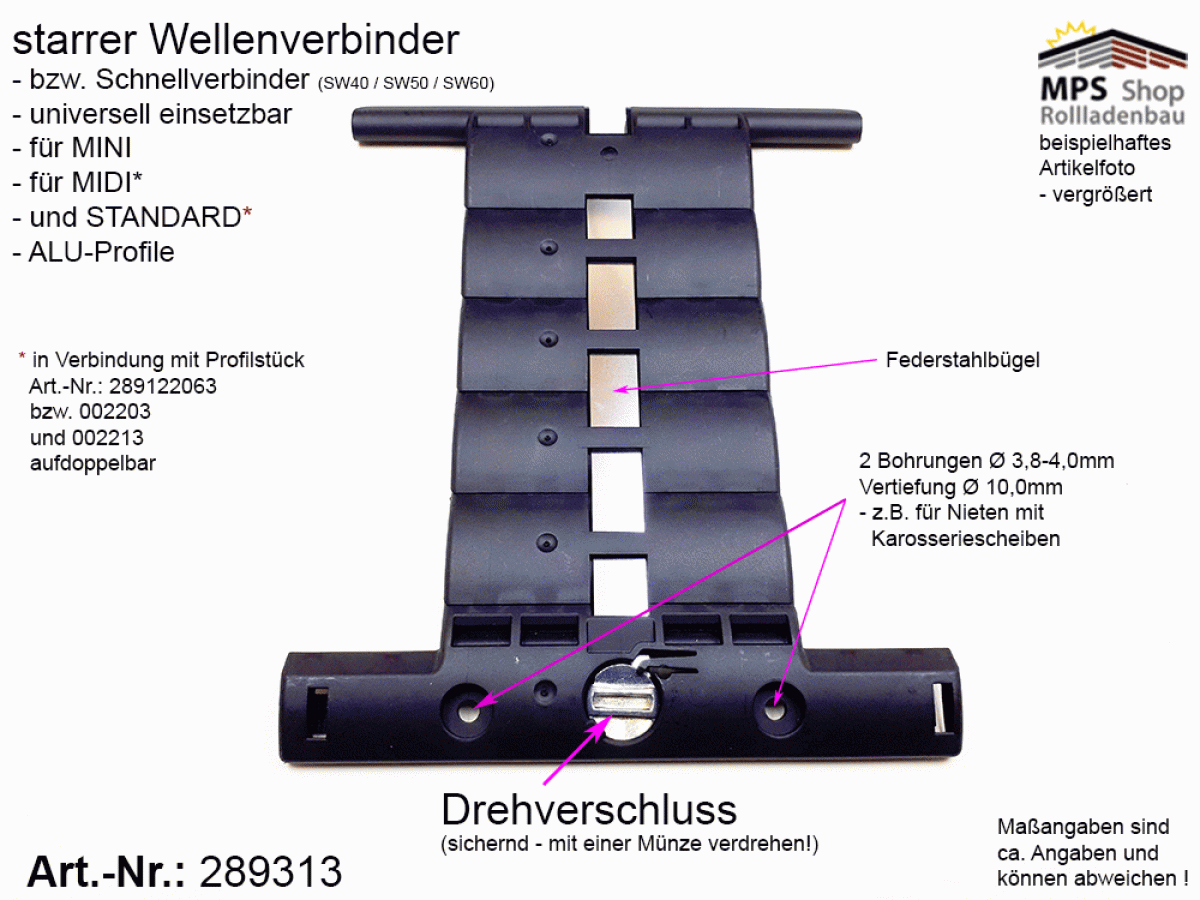289313, starrer Wellenverbinder, MINI, MIDI, STANDARD Profile, SW40 - SW60, Selve, SecuFix, 4-gliedrig