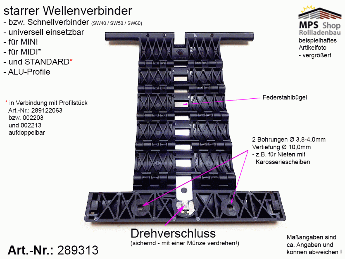 289313, starrer Wellenverbinder, MINI, MIDI, STANDARD Profile, SW40 - SW60, Selve, SecuFix, 4-gliedrig