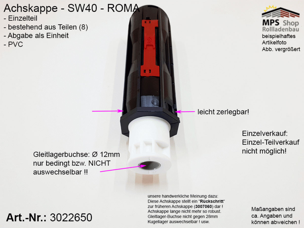 3022650 Achskappe NEU, Walzenkapsel federnd SW40 (ROMA)