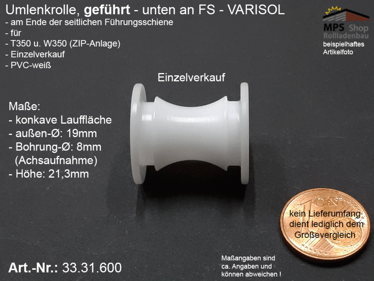 33.31.600 Umlenkrolle an seitlicher Führungsschiene GEFÜHRT - z.B. VARISOL T350 / W350 (ZIP-Anlage)