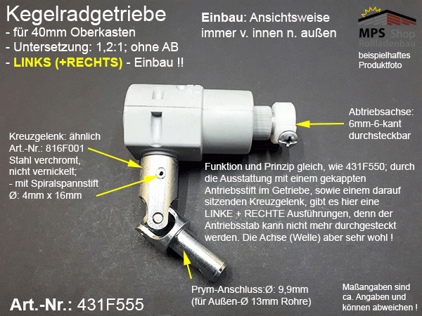 431F555, Jalousie-Getriebe, Raffstore-Getriebe 1,2:1, 40er Oberkasten