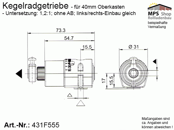 431F555, Jalousie-Getriebe, Raffstore-Getriebe 1,2:1, 40er Oberkasten