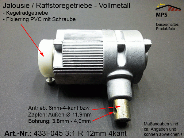 433F045 - 3:1-RECHTS - Welle 12mm-4kant - Antrieb 6-4-kant