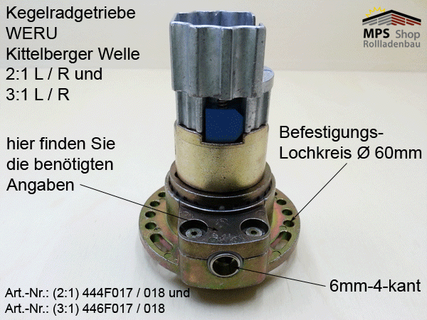 444F017 Links, 2:1 - Kegelradgetriebe, WERU-KBW, kl.Fuß, Flansch