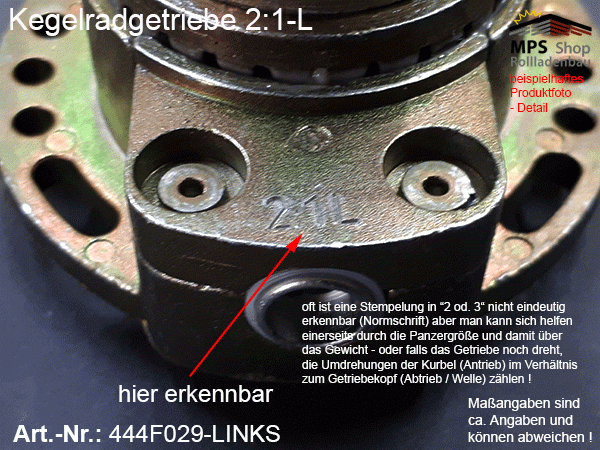 444F029-L (links) Kegelradgetriebe 2:1 WERU-Kopf SW40 (38mm) kl.Fuß Flansch