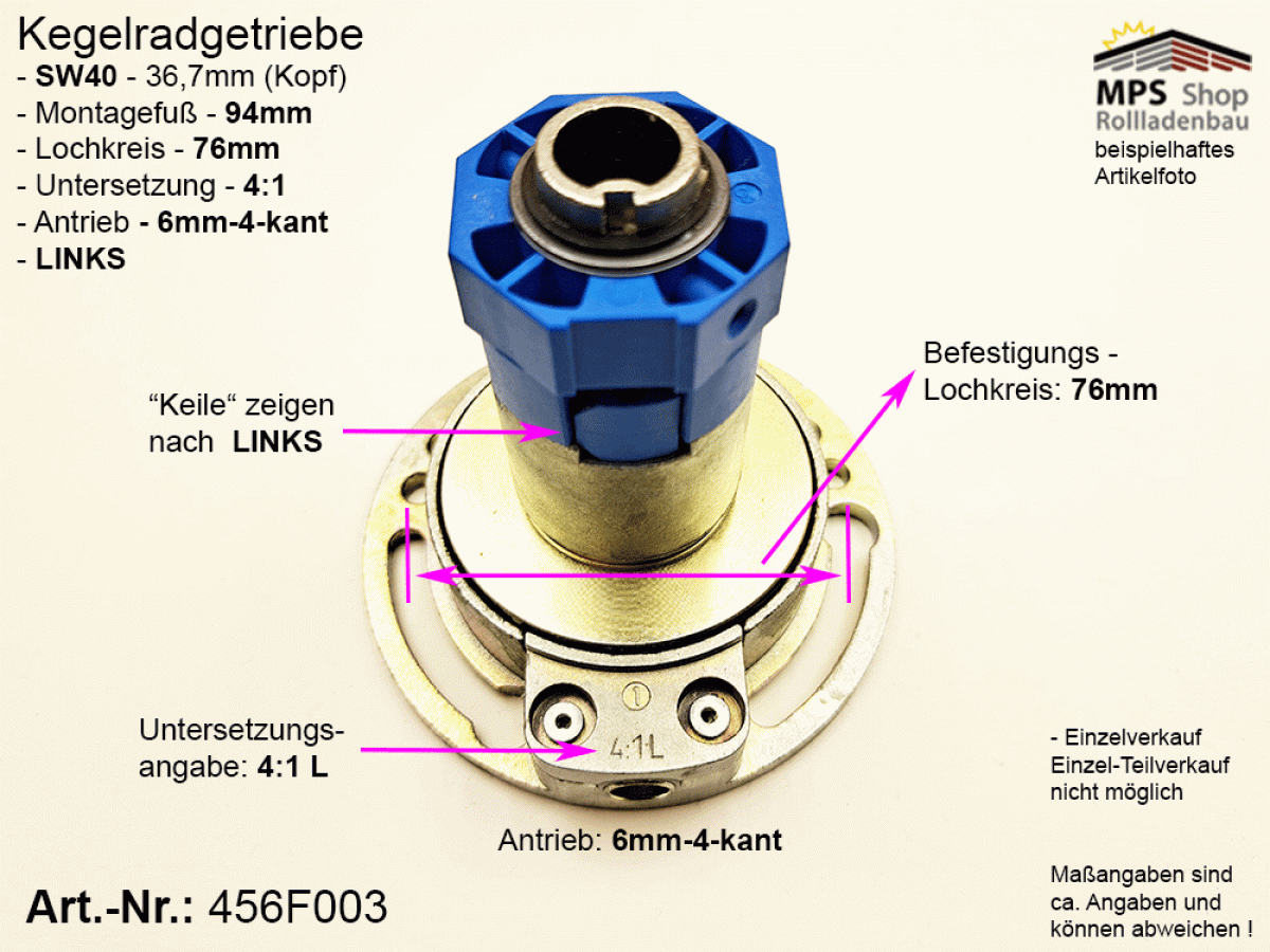 456F003-L, Kegelradgetriebe, Kurbelgetriebe, SW40, gr.Fuß, 4:1, 21/28kg, LINKS