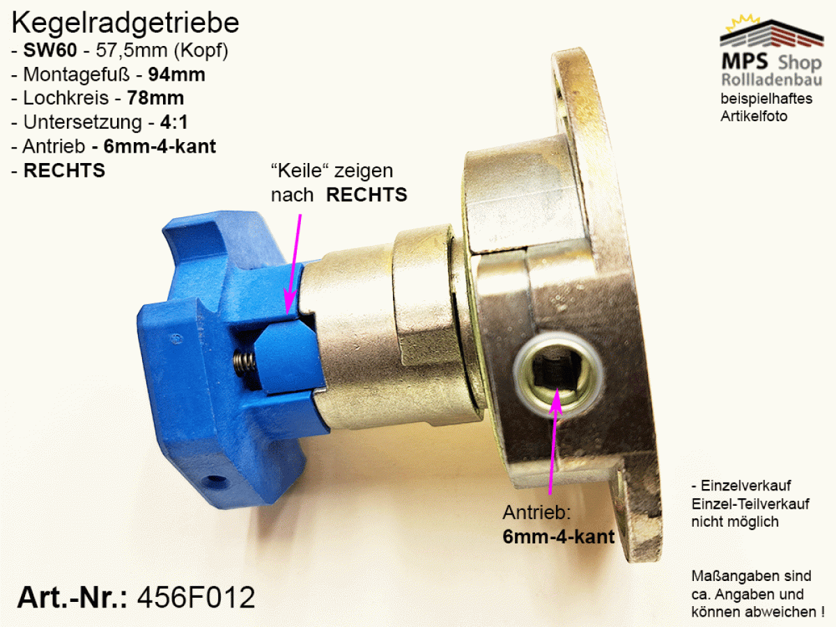 456F012-R, Kegelradgetriebe, Kurbelgetriebe, SW60, gr.Fuß, 4:1, 21/28kg, RECHTS