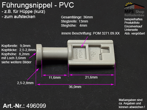 496099 Führungsnippel PVC grau - Hüppe, aufsteckbar, kurz