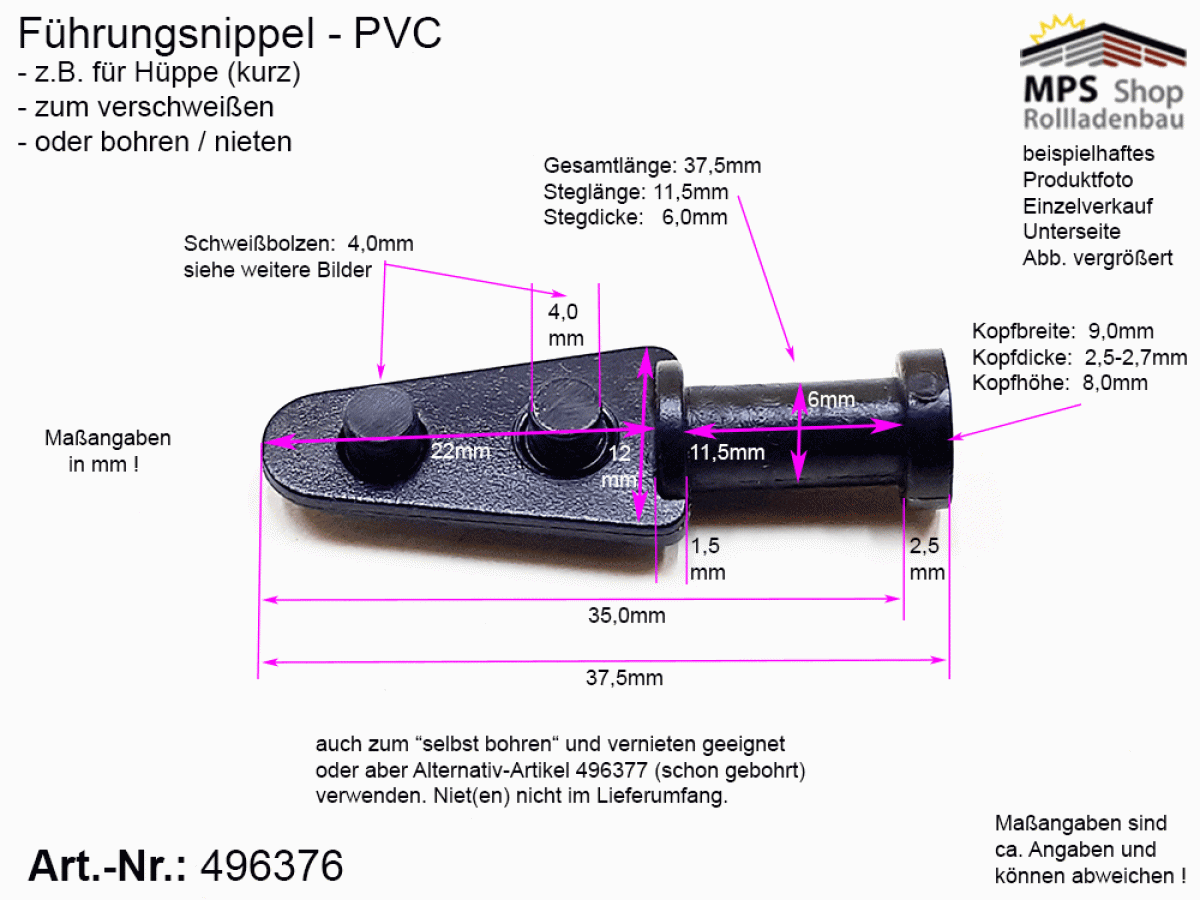 496376, Führungsnippel PVC schwarz, Hüppe, kurz, ungebohrt, zum verschweißen