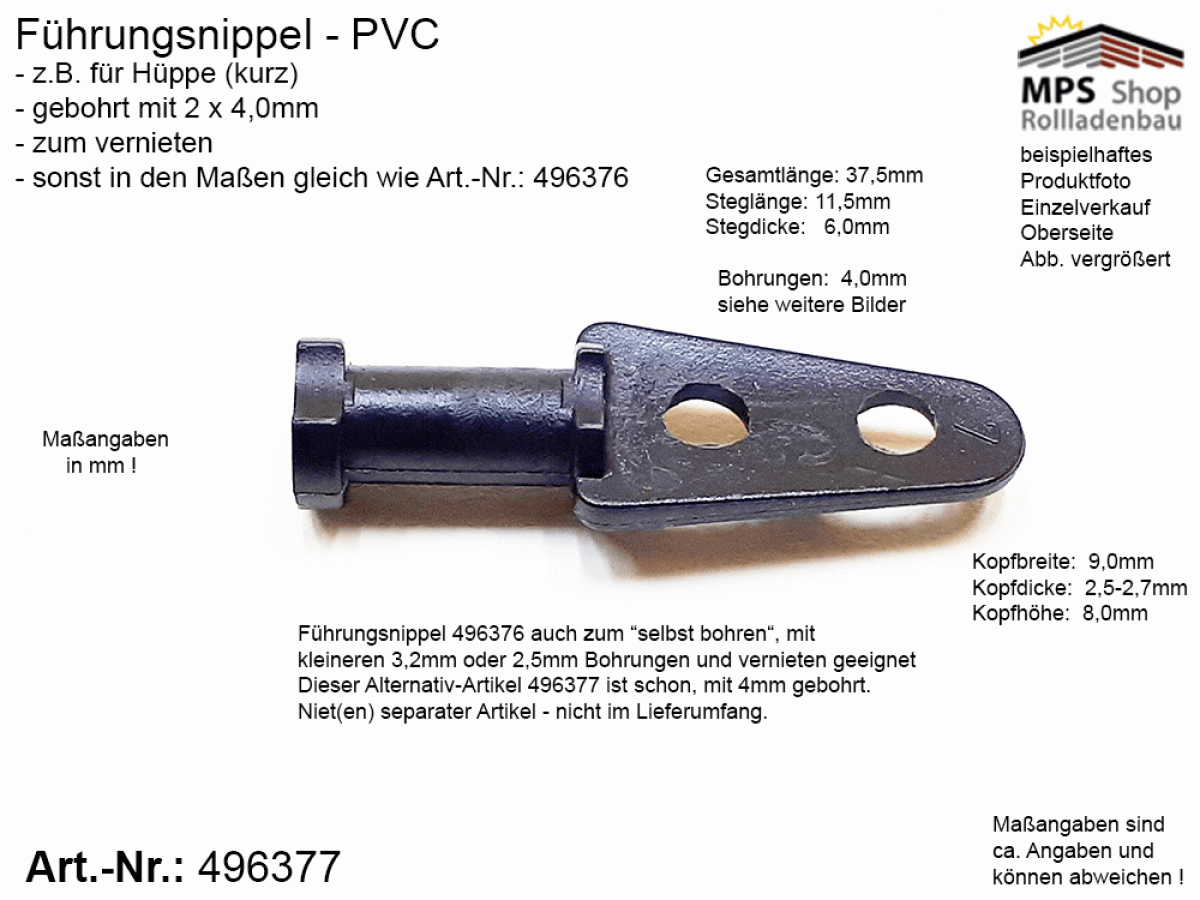 496377, Führungsnippel PVC schwarz, Hüppe, kurz, gebohrt, zum vernieten