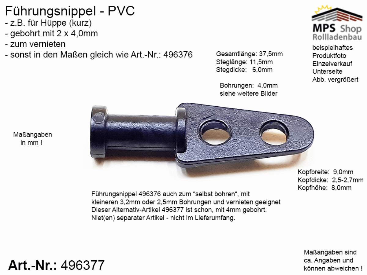 496377, Führungsnippel PVC schwarz, Hüppe, kurz, gebohrt, zum vernieten