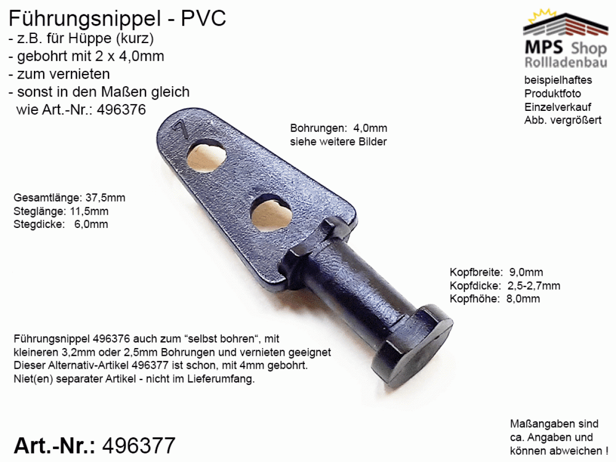 496377, Führungsnippel PVC schwarz, Hüppe, kurz, gebohrt, zum vernieten