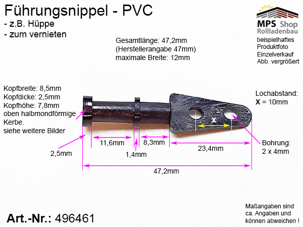 496461, Führungsnippel PVC schwarz, Hüppe, lang, gebohrt, zum vernieten