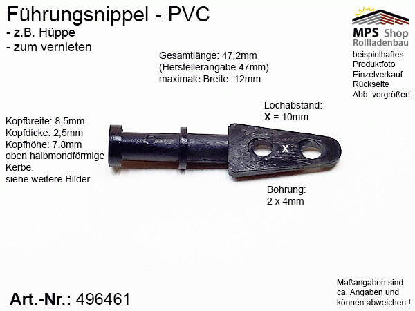 496461, Führungsnippel PVC schwarz, Hüppe, lang, gebohrt, zum vernieten