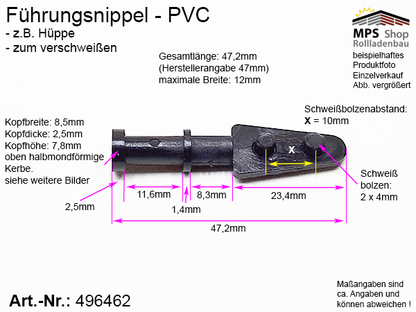 496462, Führungsnippel PVC schwarz, Hüppe, lang, ungebohrt, zum verschweißen