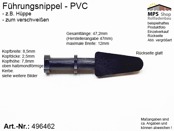 496462, Führungsnippel PVC schwarz, Hüppe, lang, ungebohrt, zum verschweißen