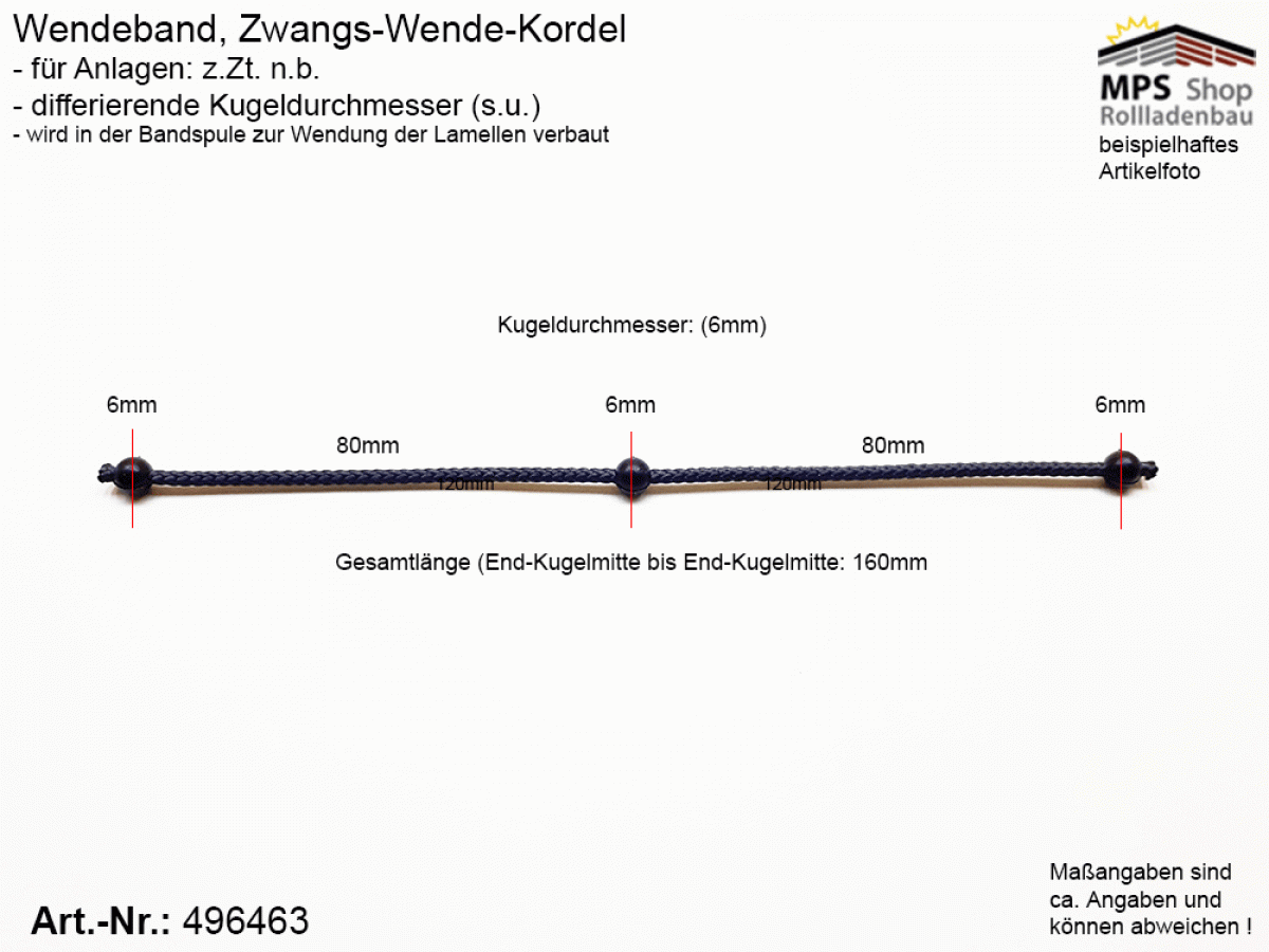 496463, Wendeband, Zwangs-Wende-Kordel, Kugelkette - 160mm