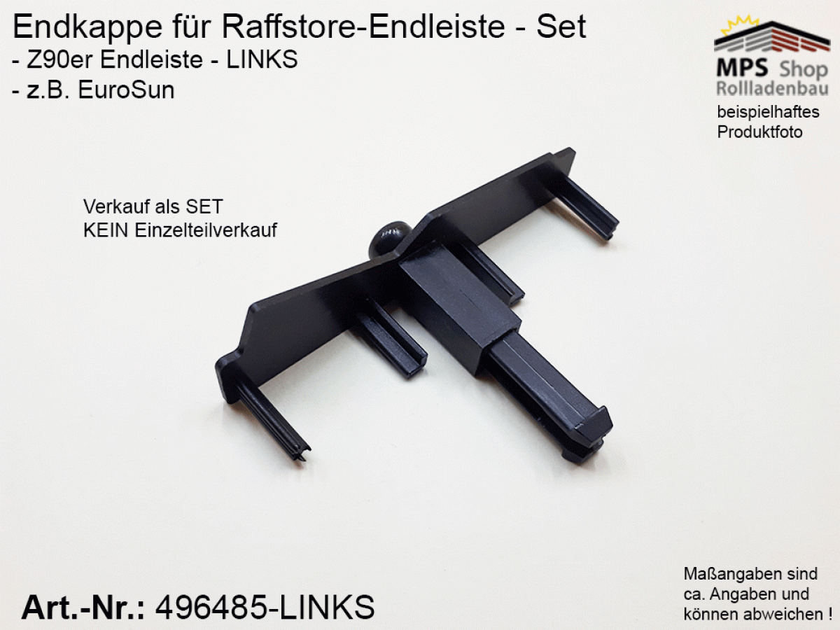 496485-L, 144005102, Endkappe 90mm, PVC schwarz, LINKS, Z-Lamelle (z.B.: EuroSun)