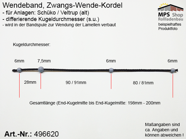 496620, Wendeband, Zwangs-Wende-Kordel, Kugelkette (Schüco/Veltrup) - 198-200mm