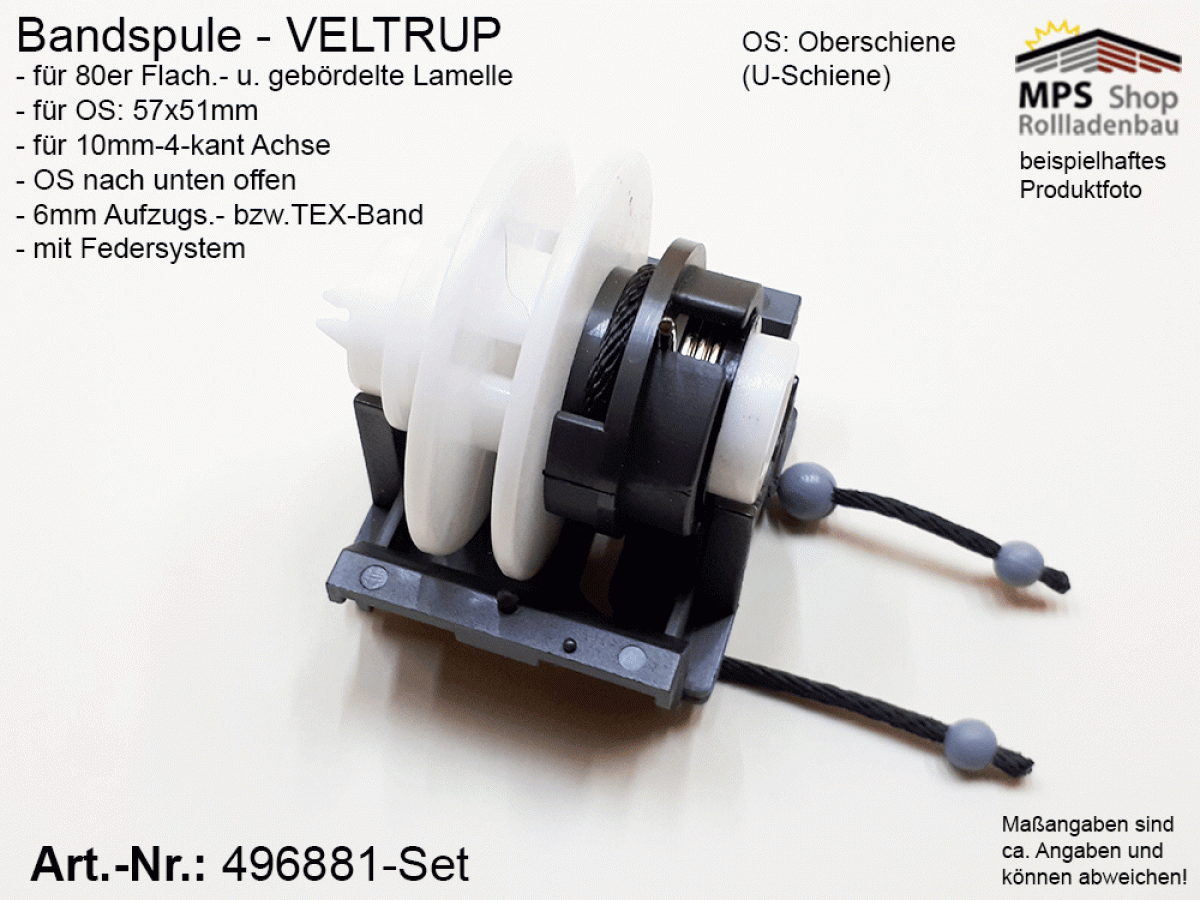 496881, Bandspule, VELTRUP, TEX-Band 6mm, 10mm 4-kant Achse, Oberschiene n.u.offen, 57x51mm, Set