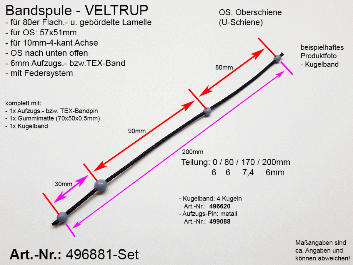 496881, Bandspule, VELTRUP, TEX-Band 6mm, 10mm 4-kant Achse, Oberschiene n.u.offen, 57x51mm, Set